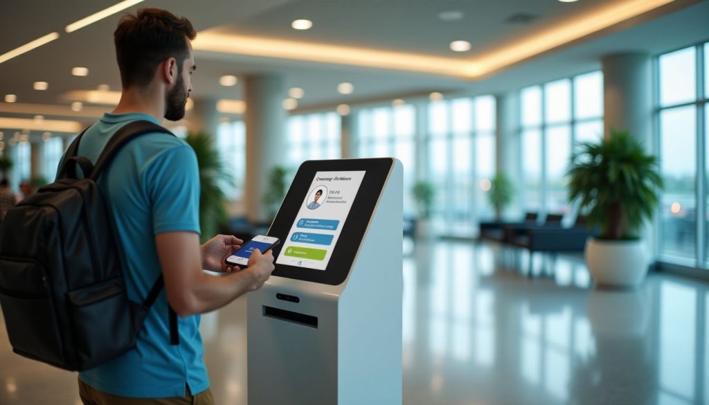 An eco-friendly airport kiosk with digital paperless options and sustainable decor. An eco-friendly airport kiosk with digital paperless options and sustainable decor.