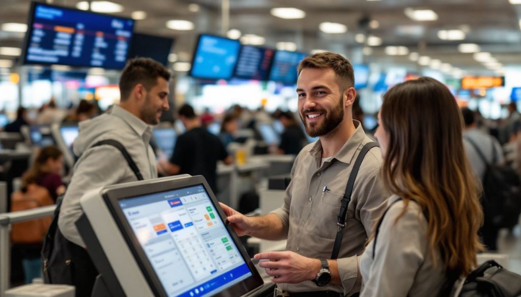 An airport staff member assists a passenger at a kiosk in a busy terminal. An airport staff member assists a passenger at a kiosk in a busy terminal.