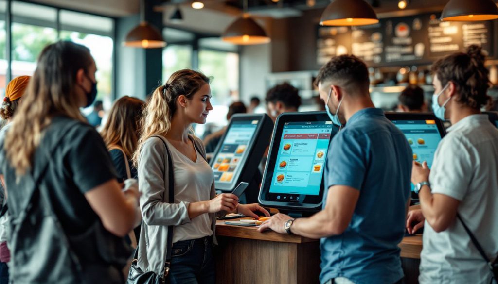 Customers customize orders at self-service kiosks in a fast-food restaurant. Customers customize orders at self-service kiosks in a fast-food restaurant.