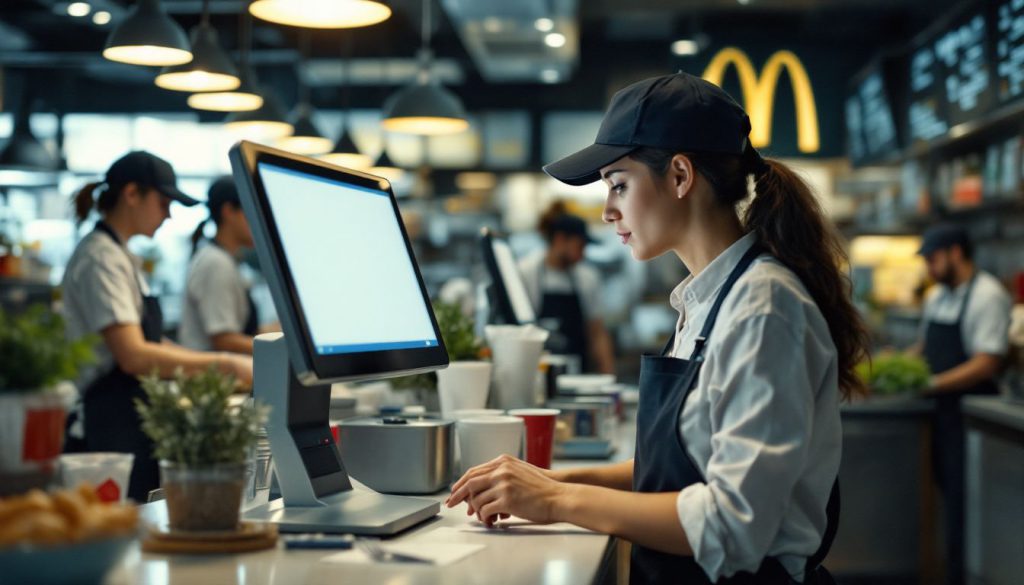 Self-service kiosk in a fast-food restaurant with staff working efficiently. Self-service kiosk in a fast-food restaurant with staff working efficiently.