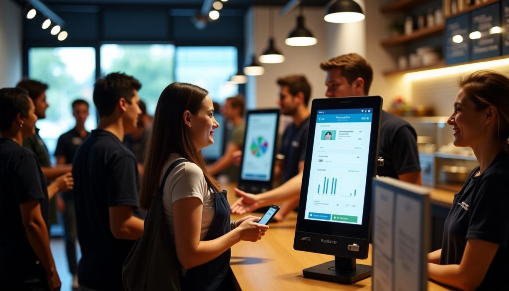 Busy restaurant with self-service kiosk, customers and staff interacting. Busy restaurant with self-service kiosk, customers and staff interacting.
