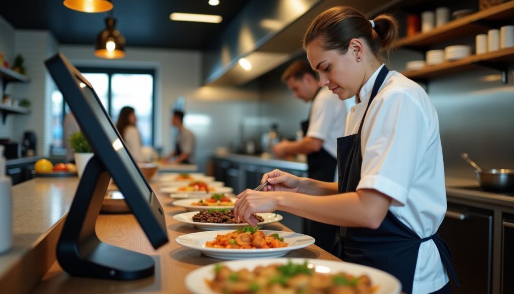 A busy modern restaurant kitchen with a chef preparing food. A busy modern restaurant kitchen with a chef preparing food.