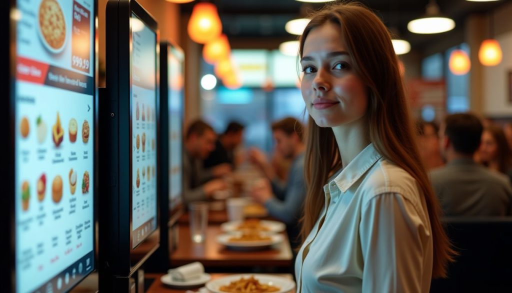 A self-ordering kiosk in a bustling restaurant with digital menu screens. A self-ordering kiosk in a bustling restaurant with digital menu screens.