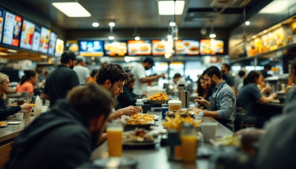 A fast-food restaurant with self-ordering kiosks and reduced cashier presence. A fast-food restaurant with self-ordering kiosks and reduced cashier presence.