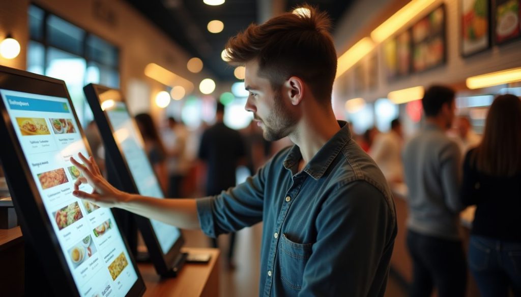 A restaurant owner adjusting digital menu at a busy urban food court. A restaurant owner adjusting digital menu at a busy urban food court.