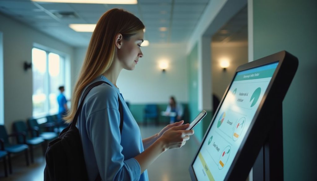 A woman in her 30s using a kiosk in a modern healthcare waiting room. A woman in her 30s using a kiosk in a modern healthcare waiting room.