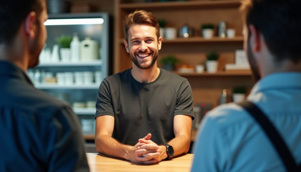 A mid-30s entrepreneur engaging with customers at his startup kiosk. A mid-30s entrepreneur engaging with customers at his startup kiosk.