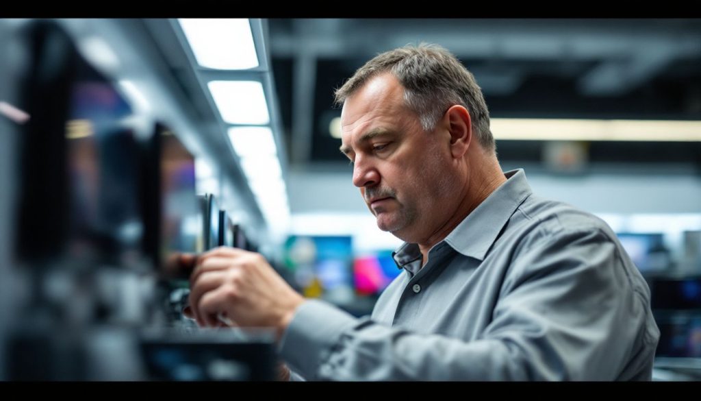 A man compares kiosk hardware components in an electronics store. A man compares kiosk hardware components in an electronics store.