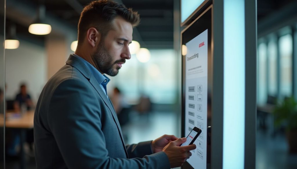 A man testing a budget-friendly kiosk in a modern office. A man testing a budget-friendly kiosk in a modern office.