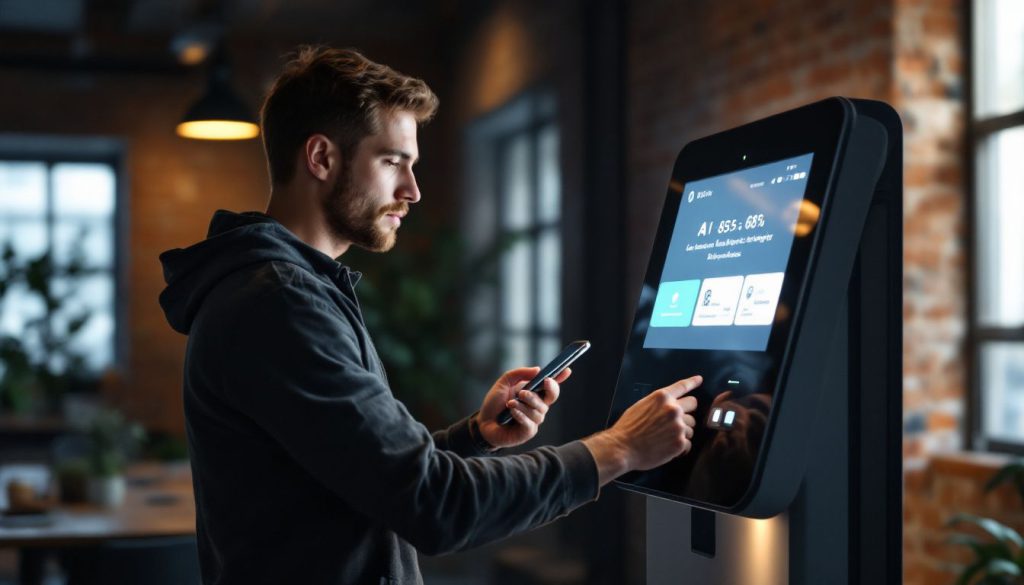 A man in a startup office interacts with a modern kiosk. A man in a startup office interacts with a modern kiosk.