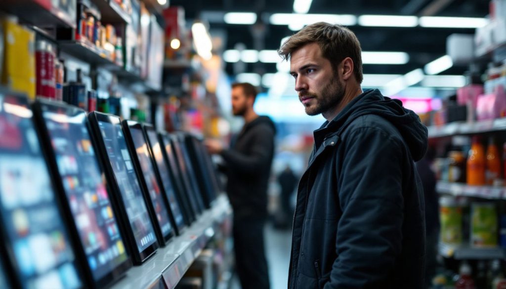 A man compares kiosk options in a tech store. A man compares kiosk options in a tech store.