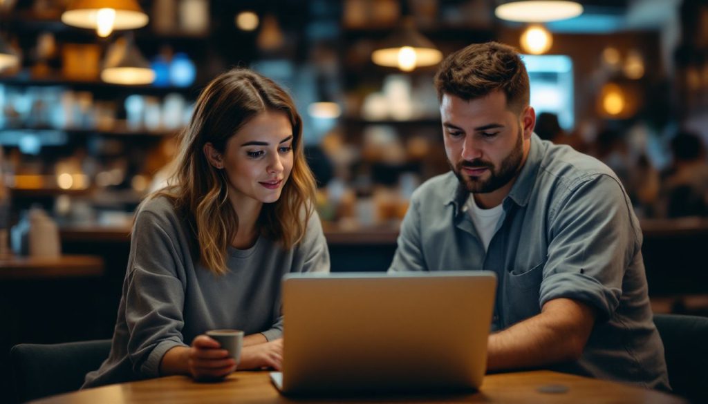 A couple in a coffee shop comparing kiosk software options on a laptop. A couple in a coffee shop comparing kiosk software options on a laptop.