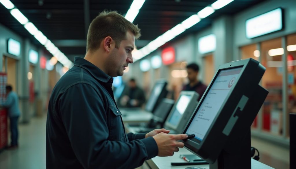 A technician conducts maintenance on a self-service kiosk in a mall. A technician conducts maintenance on a self-service kiosk in a mall.