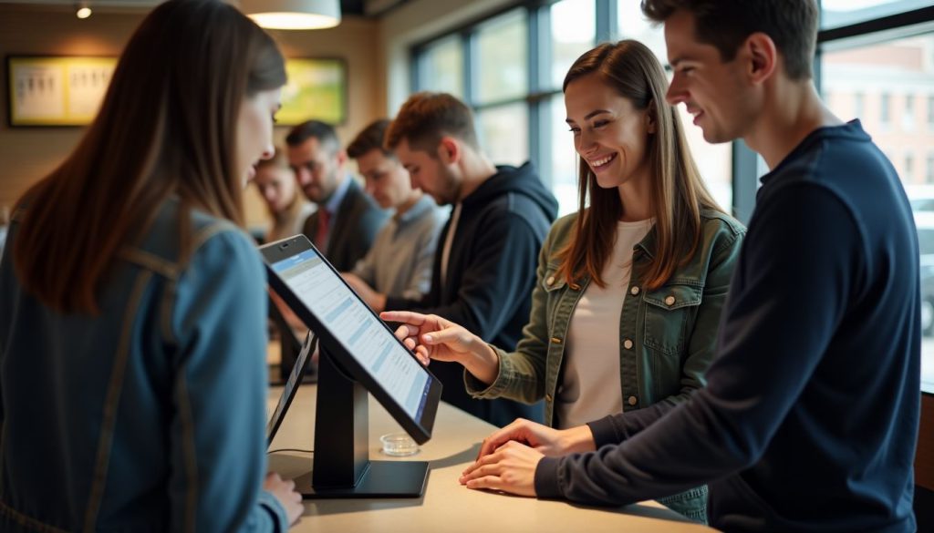 A self-ordering kiosk is shown in a busy restaurant, alongside human service. A self-ordering kiosk is shown in a busy restaurant, alongside human service.