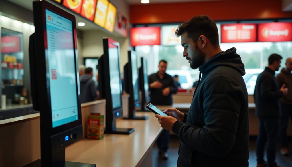 Frustrated customer at malfunctioning self-ordering kiosk in fast-food restaurant. Are Self-Ordering Kiosks Worth It? Pros and Cons for Restaurants