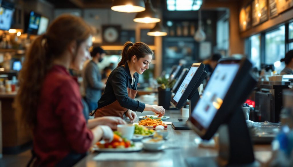 Busy restaurant with self-order kiosks, efficient staff, and satisfied customers. Are Self-Ordering Kiosks Worth It? Pros and Cons for Restaurants