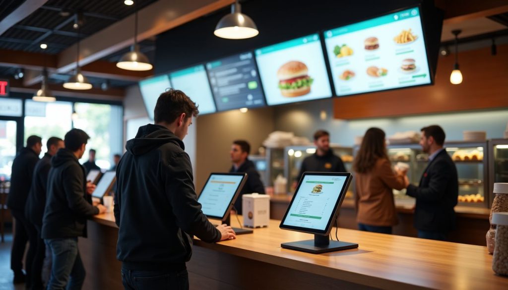 Busy modern fast-food restaurant with self-ordering kiosks and active kitchen. Are Self-Ordering Kiosks Worth It? Pros and Cons for Restaurants