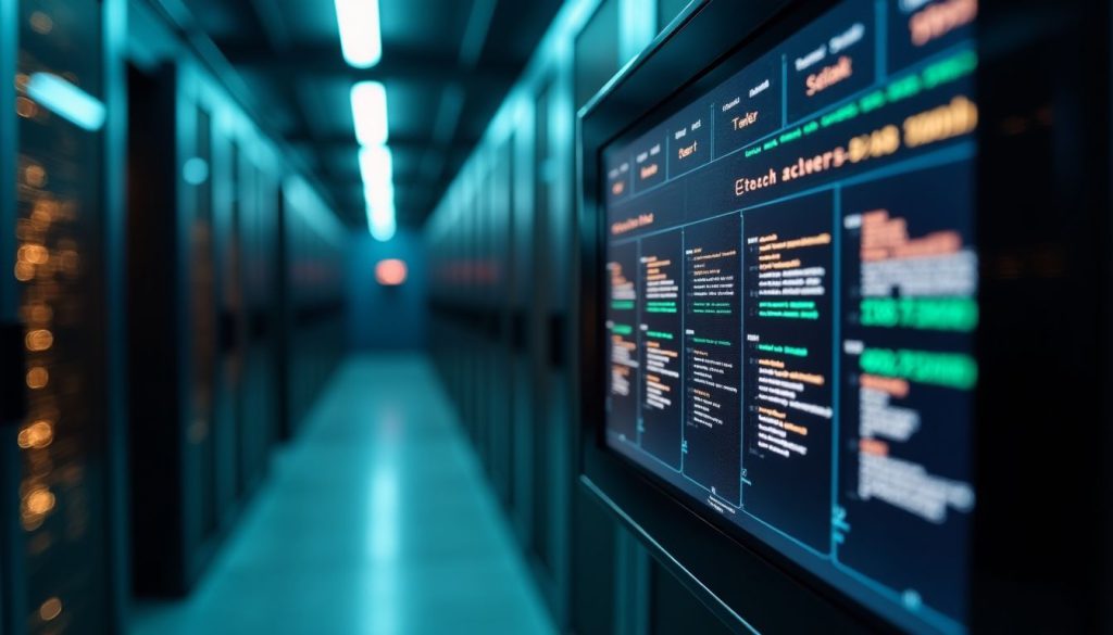 A close-up of a digital screen displaying encrypted data in a server room.