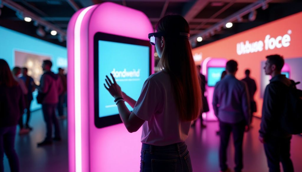 A person interacts with a colorful virtual reality kiosk at an event.