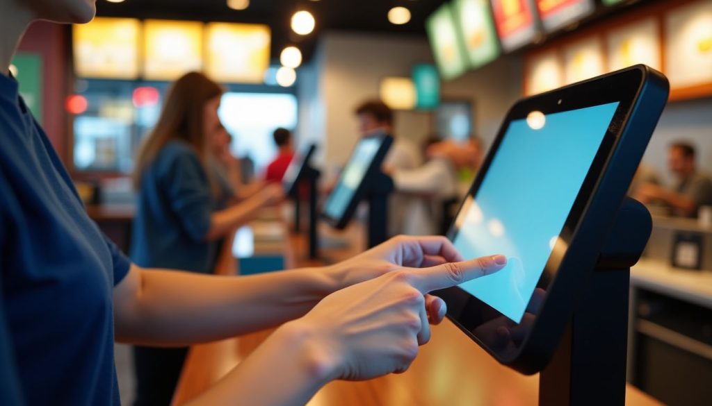 A self-ordering kiosk in a modern fast food restaurant. A self-ordering kiosk in a modern fast food restaurant.
