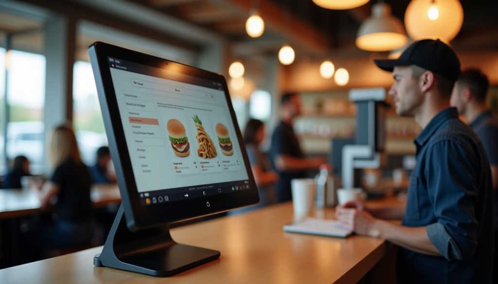 A self-ordering kiosk in a calm, busy restaurant during peak hours. A self-ordering kiosk in a calm, busy restaurant during peak hours.