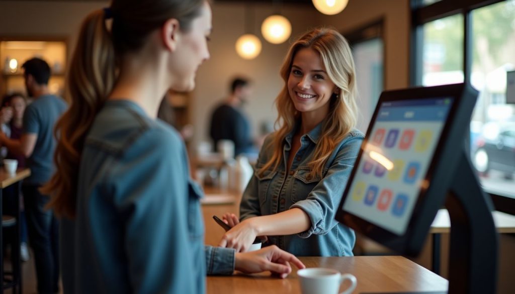 Customers engaging with self-ordering kiosk in a busy café environment. Customers engaging with self-ordering kiosk in a busy café environment.