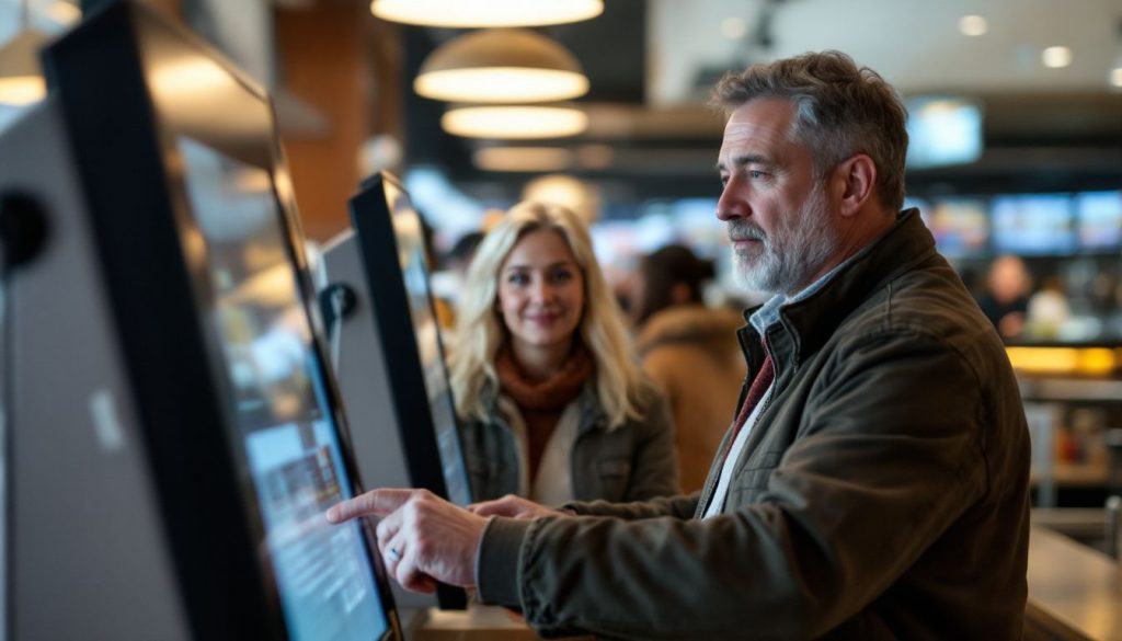 A middle-aged couple using a self-ordering kiosk in a busy restaurant. A middle-aged couple using a self-ordering kiosk in a busy restaurant.