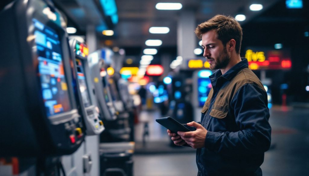 A technician evaluating gas station kiosk network and demonstrating software maintenance.