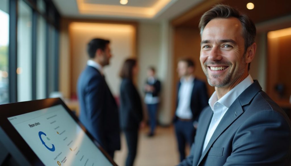 A hotel manager using a touch screen kiosk in the lobby. How to Choose the Right Kiosk for Your Hotel Lobby