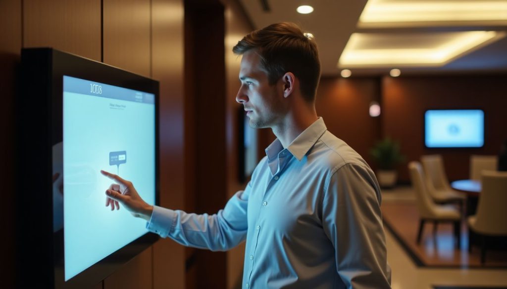 A man interacts with a sleek wall-mounted kiosk in a hotel lobby. A man interacts with a sleek wall-mounted kiosk in a hotel lobby.