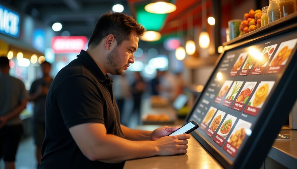 A small business owner customizing kiosk menu items in a market. How to Choose a Self-Ordering Kiosk
