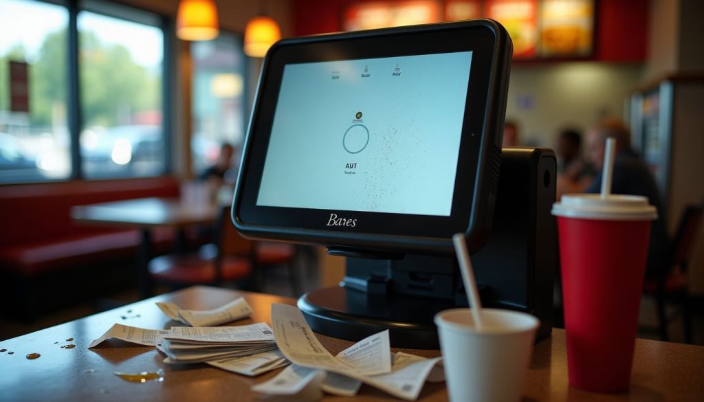 Abandoned self-ordering kiosk in fast-food restaurant with flickering screen and mess. Abandoned self-ordering kiosk in fast-food restaurant with flickering screen and mess.