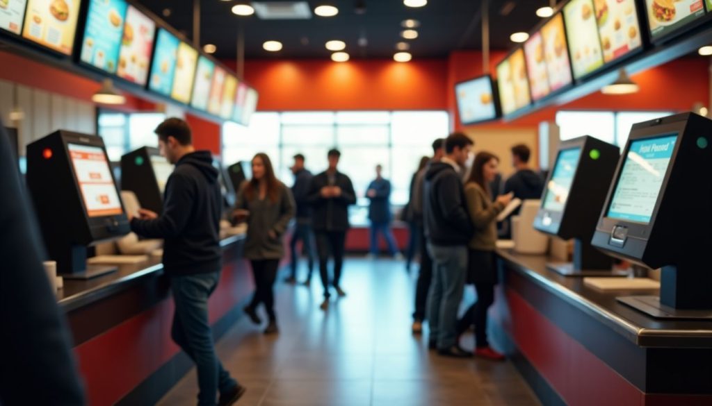 Busy fast-food restaurant during lunch rush, with self-ordering kiosks processing orders. Self-Ordering Kiosks vs Traditional Cashiers