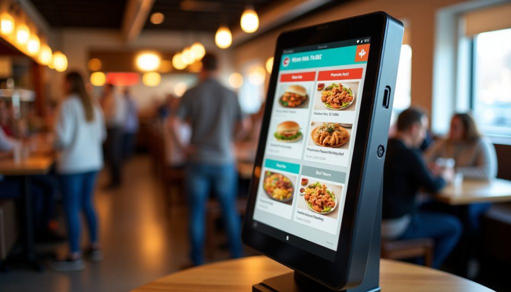 A self-ordering kiosk in a busy restaurant displays a colorful menu. A self-ordering kiosk in a busy restaurant displays a colorful menu.
