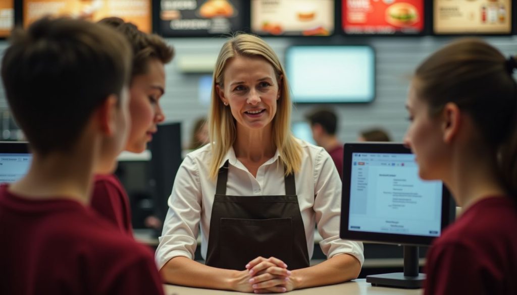 A middle-aged woman instructs young employees at a fast-food restaurant. A middle-aged woman instructs young employees at a fast-food restaurant.