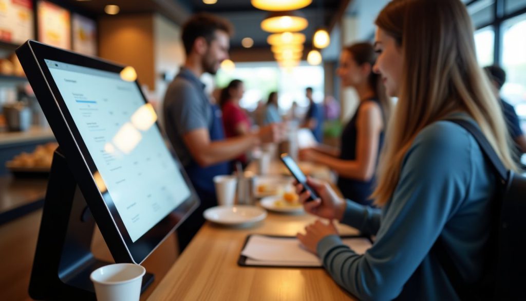 A self-ordering kiosk in use at a fast-food restaurant during lunch rush. A self-ordering kiosk in use at a fast-food restaurant during lunch rush.