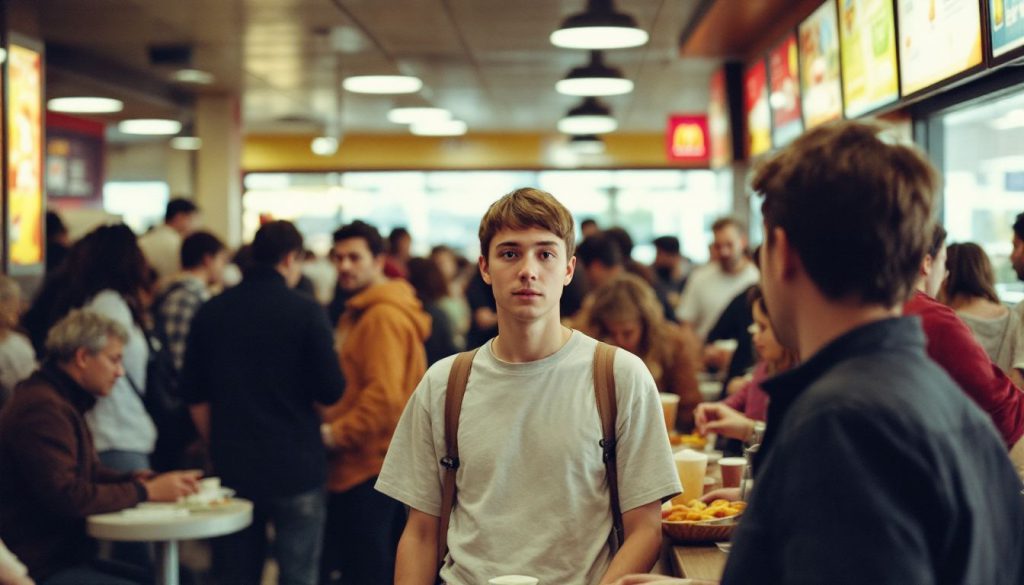 Busy fast-food restaurant with self-ordering kiosks during lunch rush.