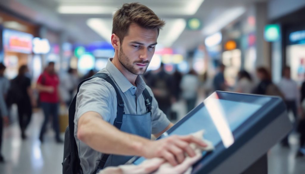 A male staff member cleans a touchscreen kiosk in a busy mall.