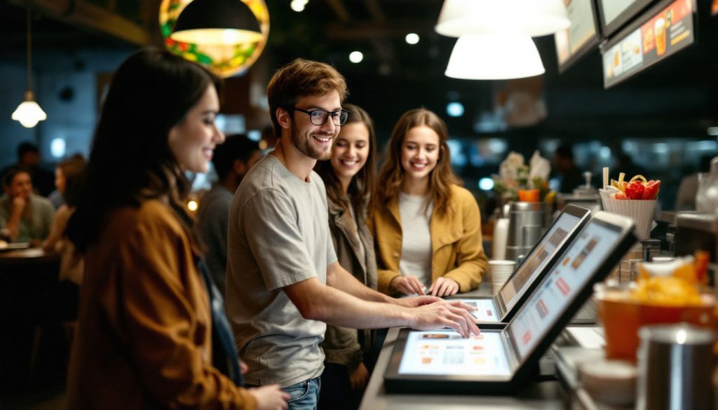 A diverse group of young adults customizing food orders at a casual restaurant. A diverse group of young adults customizing food orders at a casual restaurant.