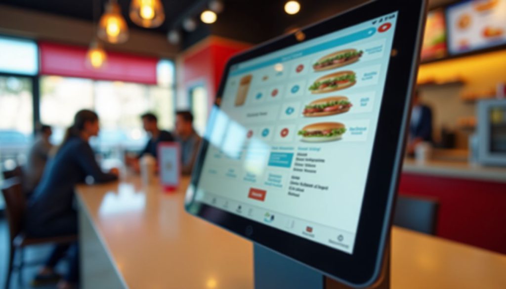 A modern self-ordering kiosk with a responsive touchscreen in a fast-food restaurant. A modern self-ordering kiosk with a responsive touchscreen in a fast-food restaurant.