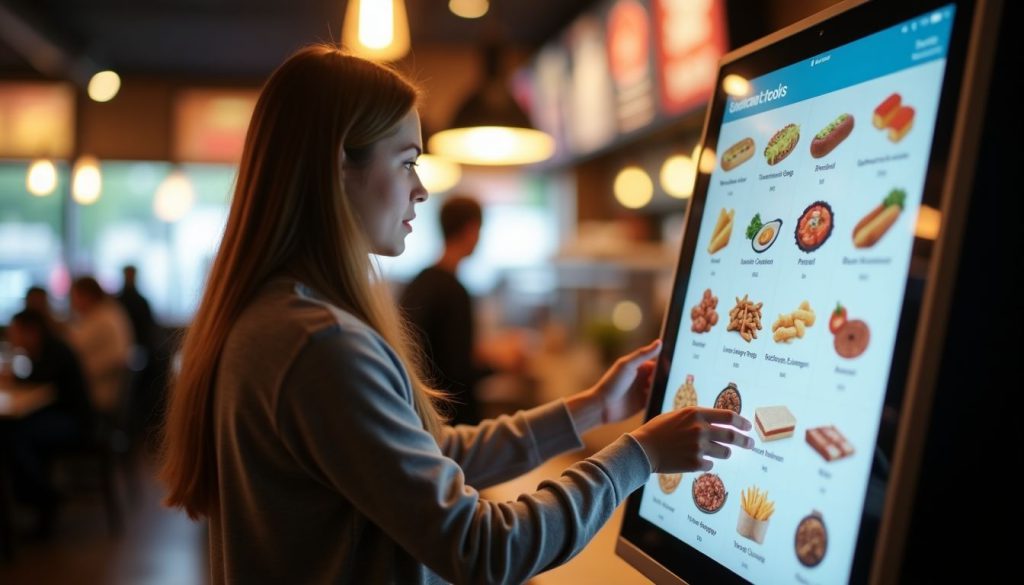 A self-ordering kiosk in a busy restaurant with a user-friendly display. A self-ordering kiosk in a busy restaurant with a user-friendly display.