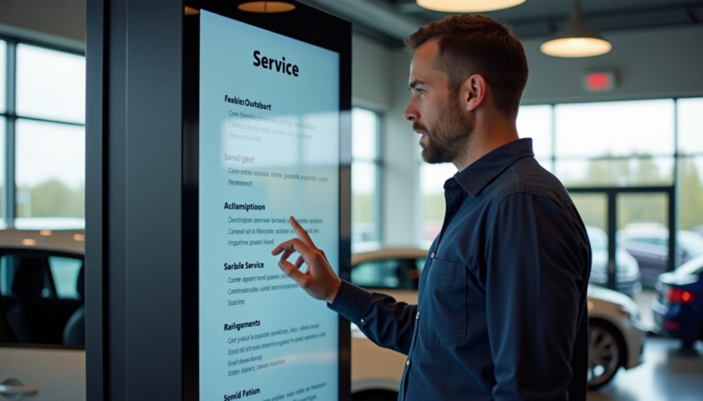 A man in his 40s browsing maintenance services at a dealership.