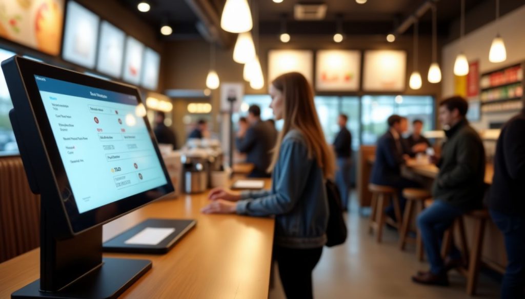 A busy restaurant with a modern self-ordering kiosk serving diverse customers. A busy restaurant with a modern self-ordering kiosk serving diverse customers.