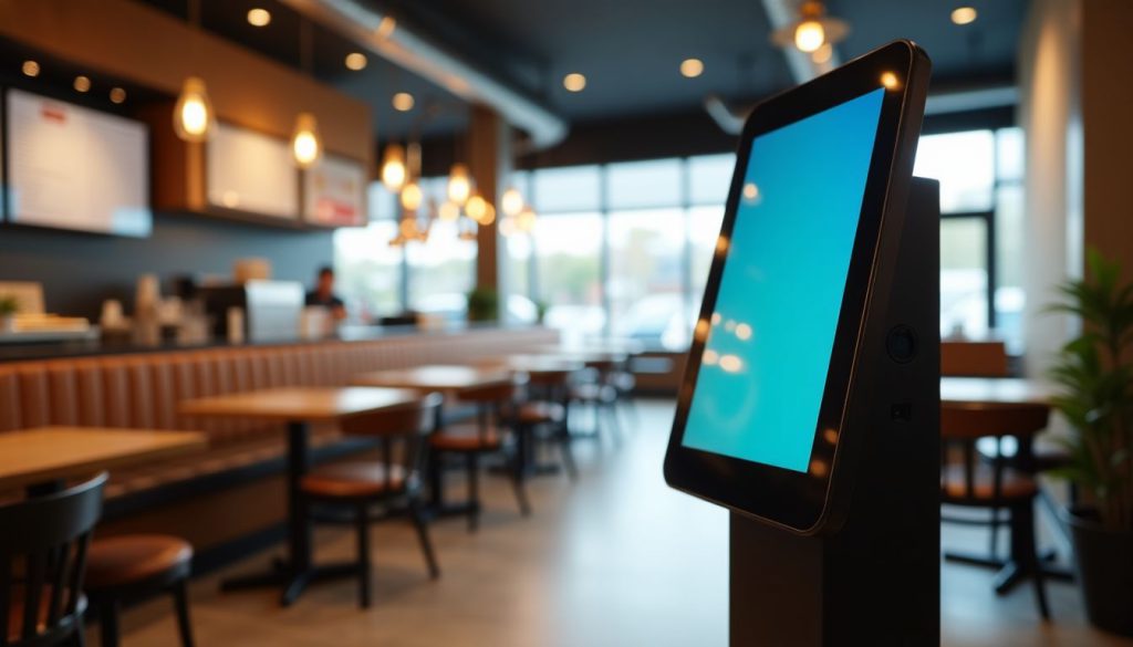 A modern restaurant with a self-ordering kiosk for customer convenience. A modern restaurant with a self-ordering kiosk for customer convenience.