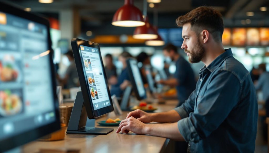 Customers using self-ordering kiosks in a well-organized restaurant. Customers using self-ordering kiosks in a well-organized restaurant.