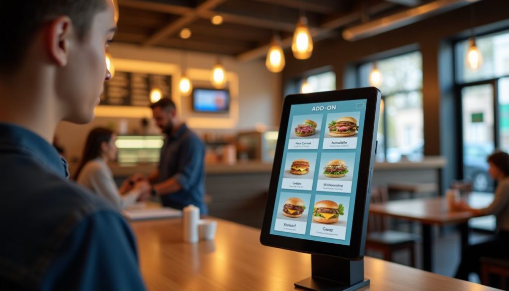A self-ordering kiosk in a modern restaurant with customizable options. A self-ordering kiosk in a modern restaurant with customizable options.
