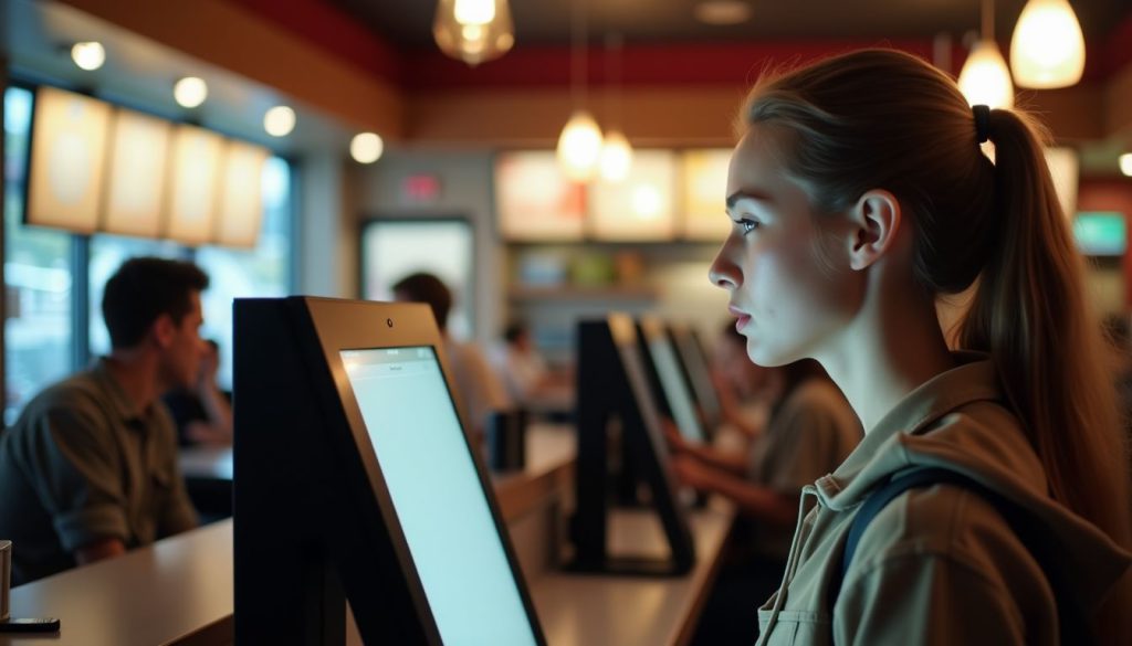 A young adult using a self-ordering kiosk in a busy fast-food restaurant. A young adult using a self-ordering kiosk in a busy fast-food restaurant.