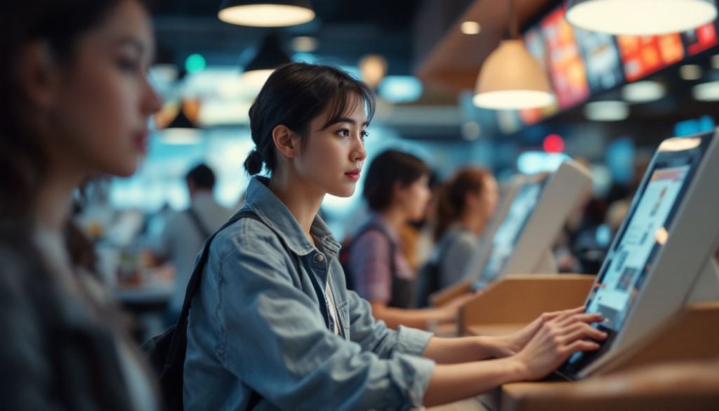 Customers using self-ordering kiosks at a modern fast-food restaurant. Customers using self-ordering kiosks at a modern fast-food restaurant.