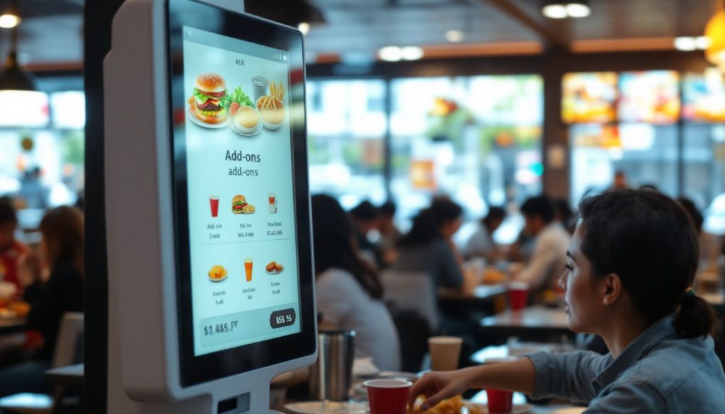A self-service kiosk in a fast-food restaurant with customers dining. A self-service kiosk in a fast-food restaurant with customers dining.