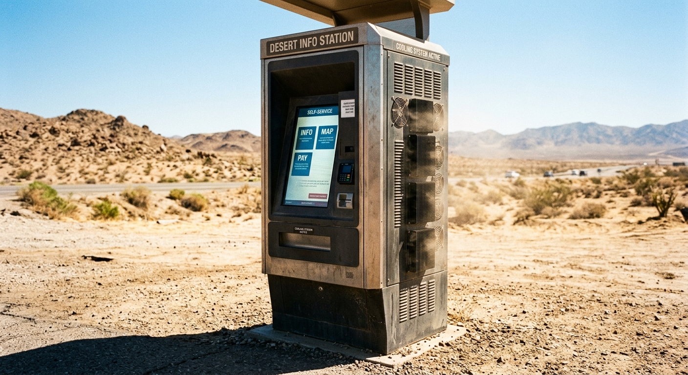 Flat lay of weatherproof kiosk components including cable glands gaskets and cooling fan